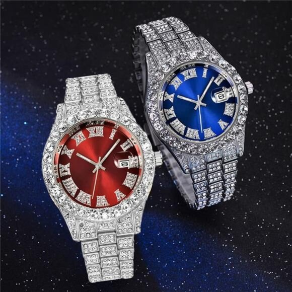 Men's Diamond Watch Fashion Crystal Rhinestone Quartz Analog Watch Iced-Out - Picture 6 of 7